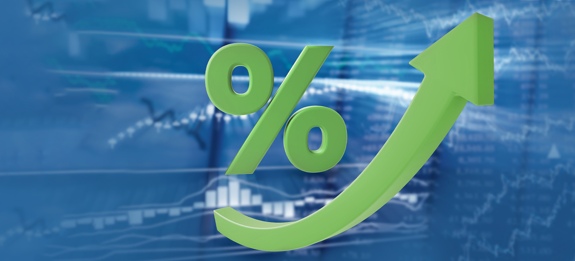 Green percent sign with a upward diagonal green arrow on a blue background with white data graphs