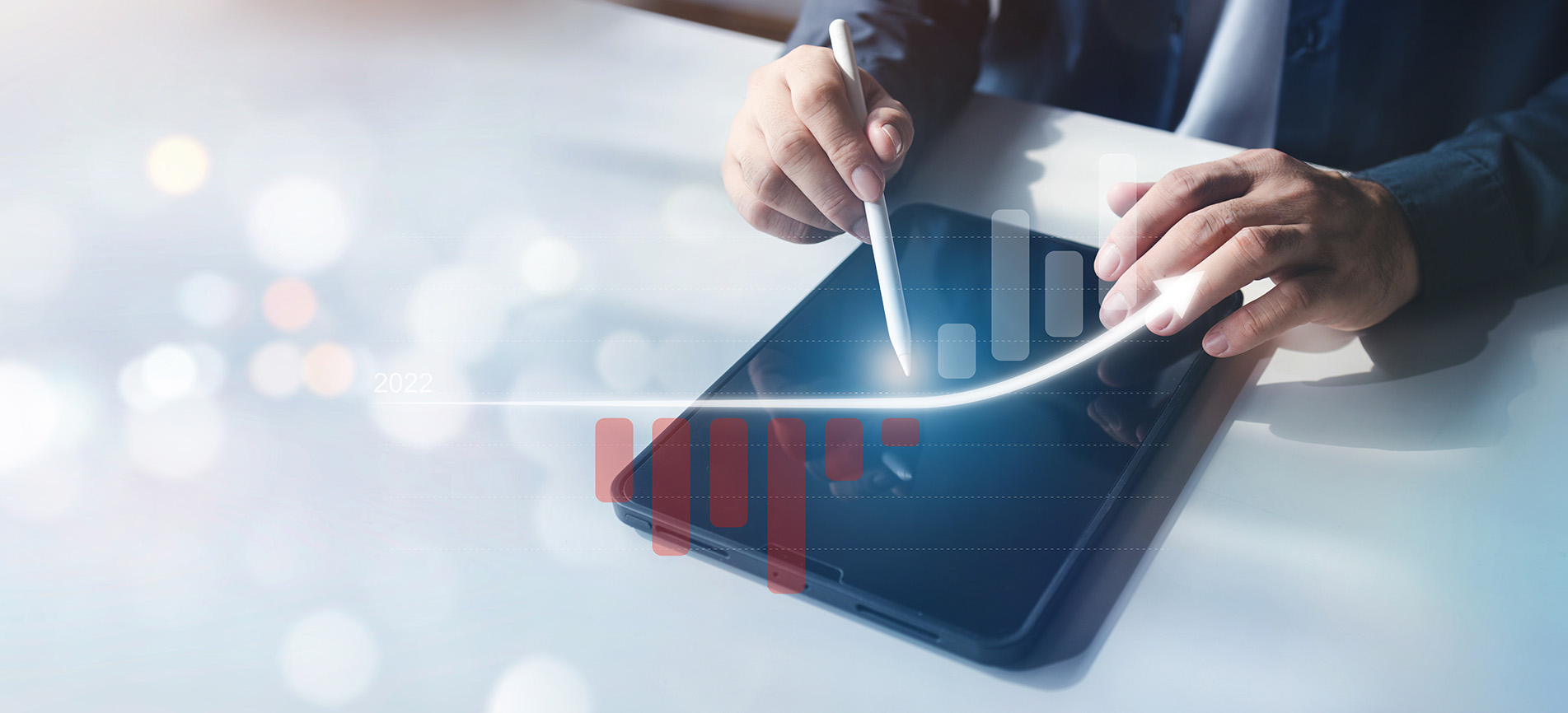 Person using a stylus on a tablet, overlay of digital graphs and a rising line, suggesting data analysis or financial growth. Bright, focused tone.