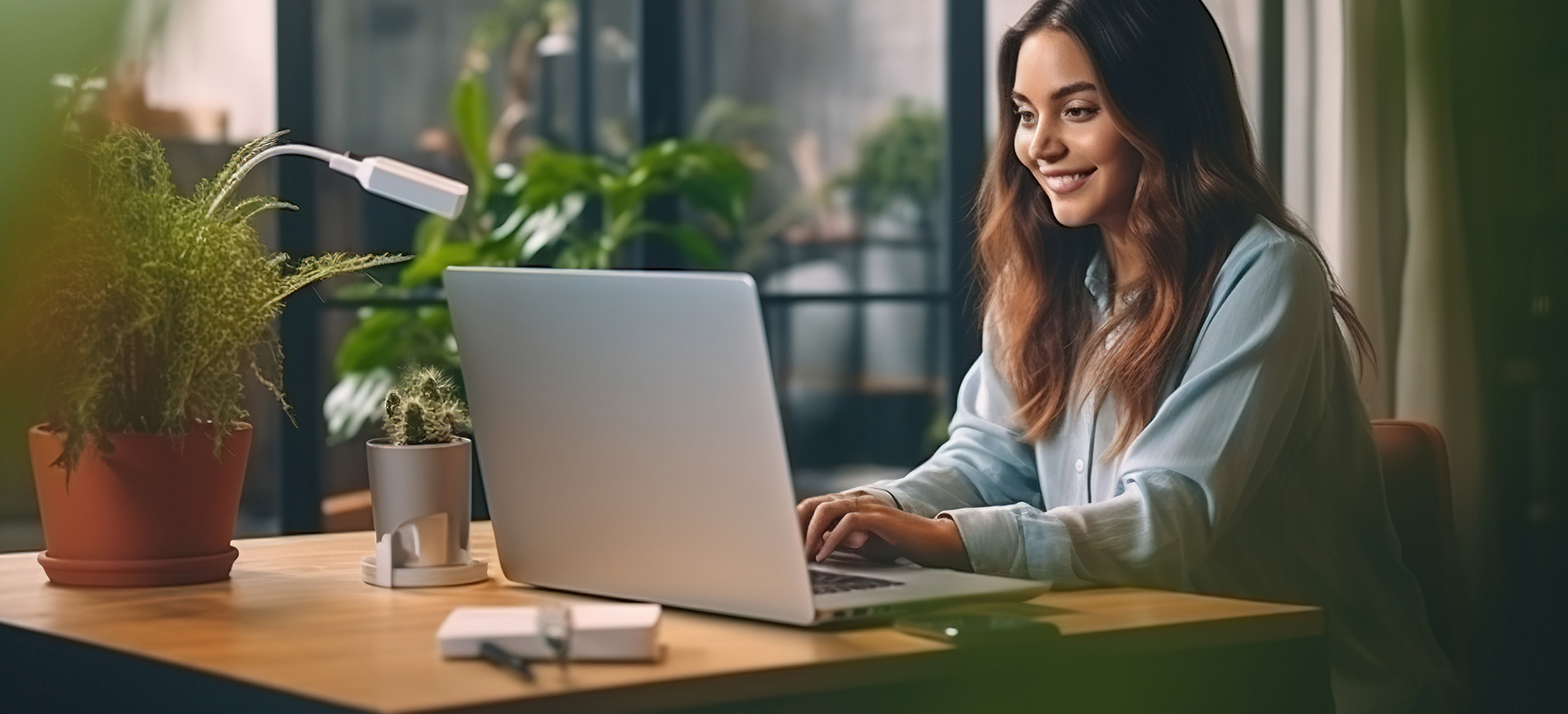 A woman in a light blue shirt is smiling while working on a laptop in a bright, plant-filled office. The mood is cheerful and focused.