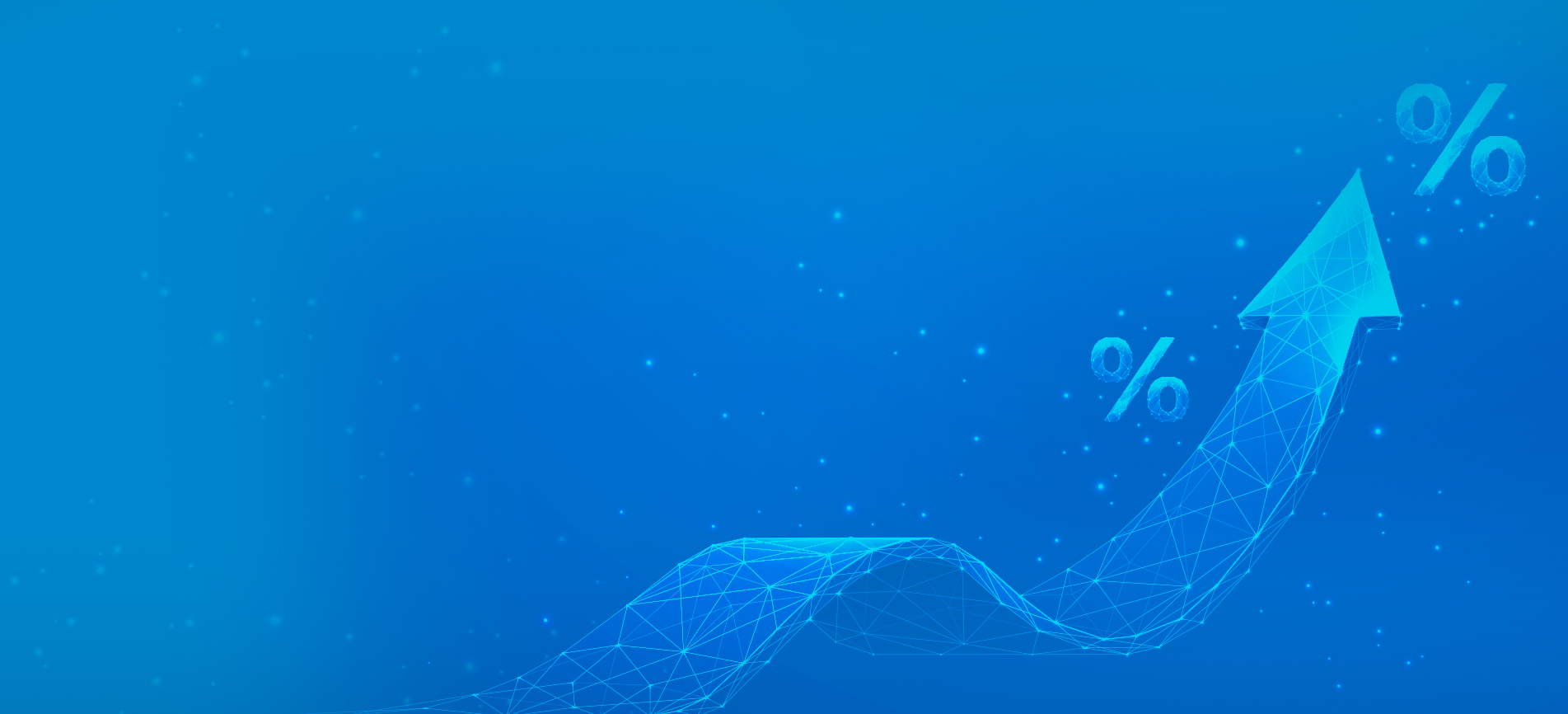 A blue background features a glowing, curved arrow made of network lines, pointing upward. Two percentage symbols float nearby, conveying growth and progress.